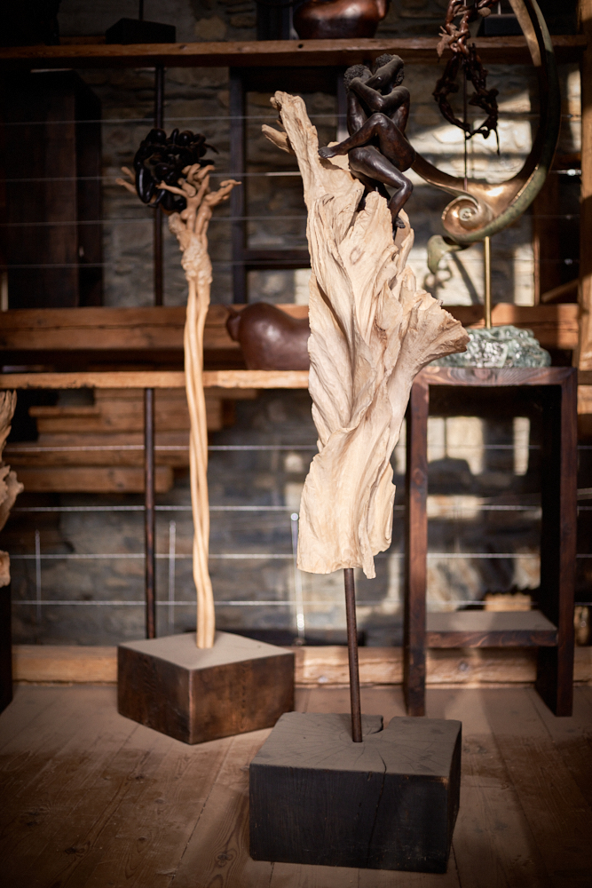 Vue sur quelques sculptures en bois, bronze et terre cuite